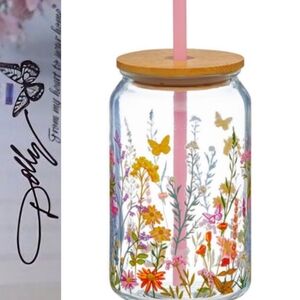 Dolly Parton Spring Floral Butterfly Glass Jar w/Straw- Pink